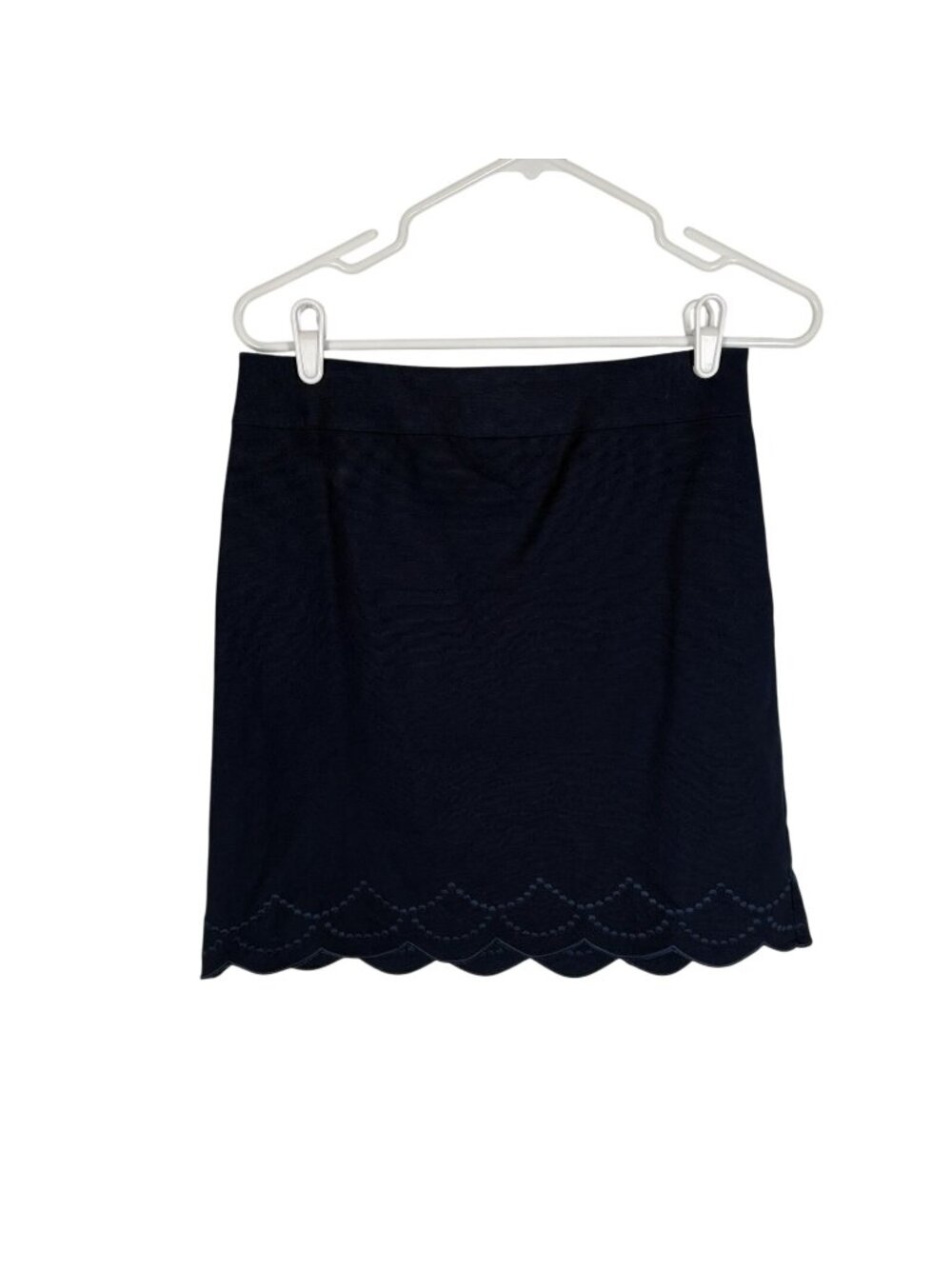Talbots Women 4P Navy Blue Cotton Blend Embroidered Scalloped Hem Pencil Skirt